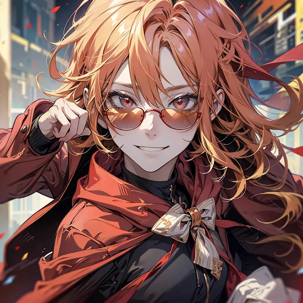 Male, handsome, cool, red sunglasses, hoodie, blonde, facing forward, smiling, refreshing, red eyes