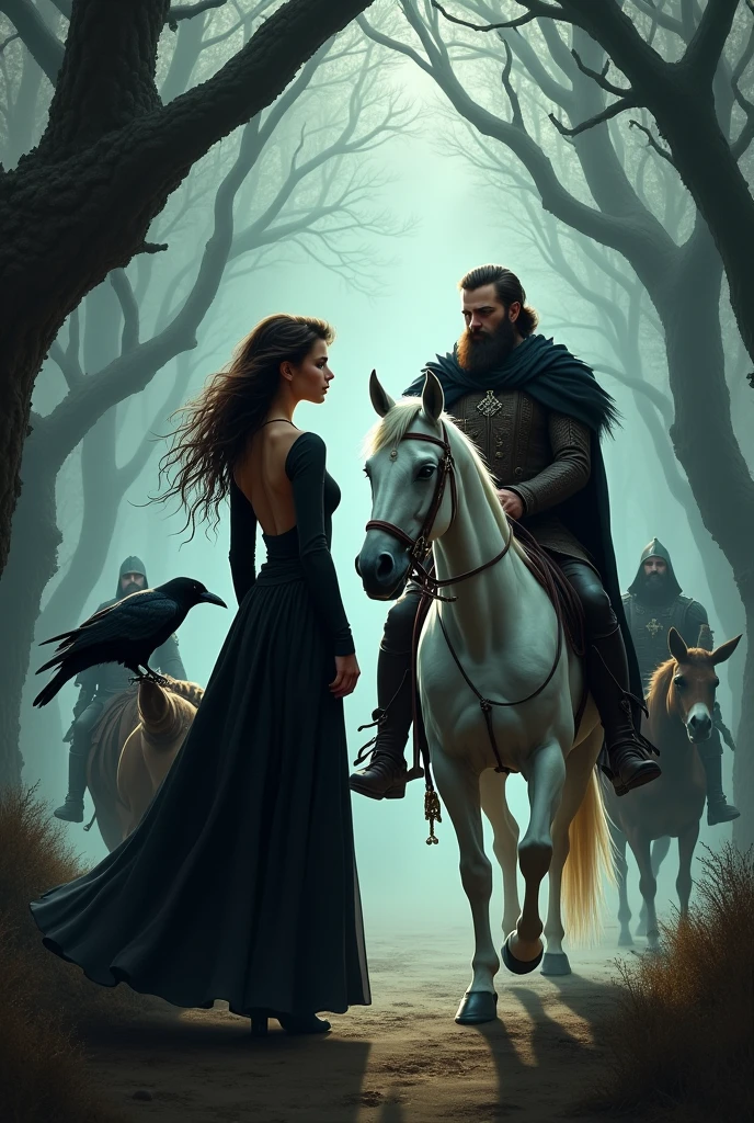 A beautiful witch with long dark brown hair shaved on the side, wears a black dress and has a crow on her shoulder.
Meets a king with a beard and black hair riding a white horse. Also in the scene is a fat squire riding a donkey and two royal guards.. The scene takes place in a dark forest