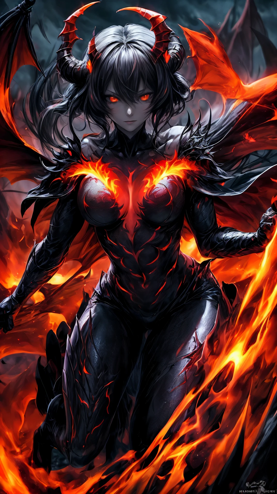 Storyboard, masterpiece, highest quality, dragonlady queen, perfect demoness, bright red glowing eyes, detailed eyes (1.4), scars on face, villainous expression, flaming skin body with bioluminescent glowing pattern, ready for battle, blurred stormy background, dark atmosphere, lighting in background,full body,