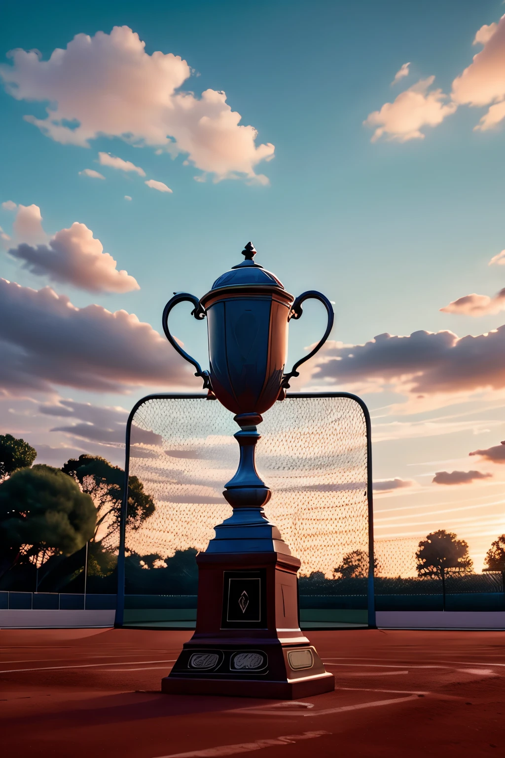 clay court with tennis net, dusk, empty, centralized trophy