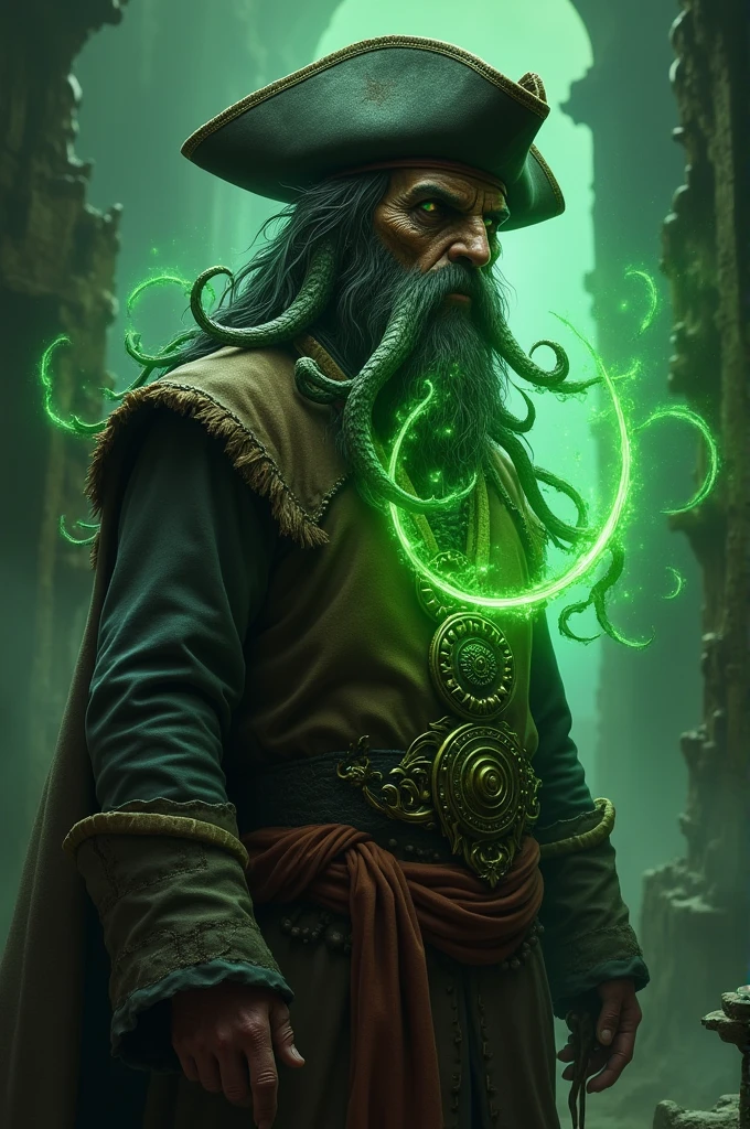 Create a pirate with a large medallion around his neck, this pirate is cursed emanating a green light coming out of him, his skin is disfigured and he has tentacles instead of a beard. He will be wearing brown rags and has a cap on his head..