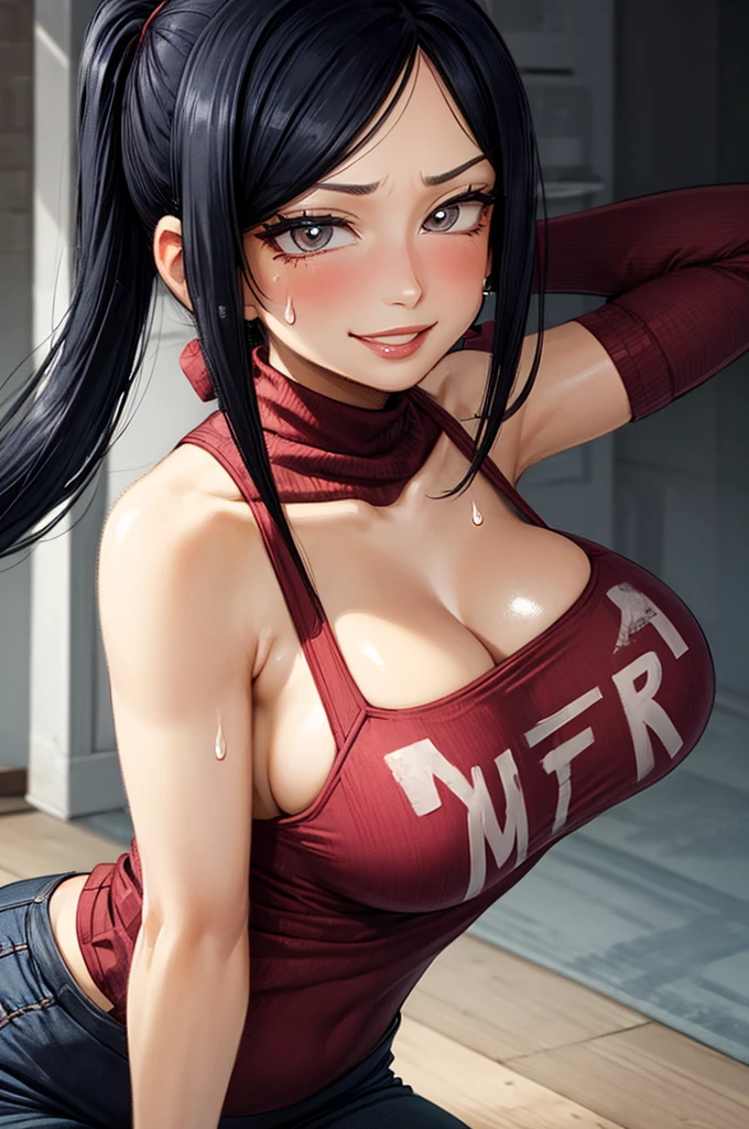 perfect, masterpiece, (Best Quality, High resolution:1.2), 1 girl, beautiful detailed eyes, beautiful detailed lips, extremely detailed eyes and face, long eyelashes, half:oil painting, vivid colors, HdR, studio lighting, Ultrafine paint, sharp focus, physically based rendering, extreme detailed description, Portraits, Curvy body, big breasts, cuerpo perfect, in front of the viewer, sweaty, gorgeous, arms up, sleeveless high neck, astride, smiling, ((arm warmer))