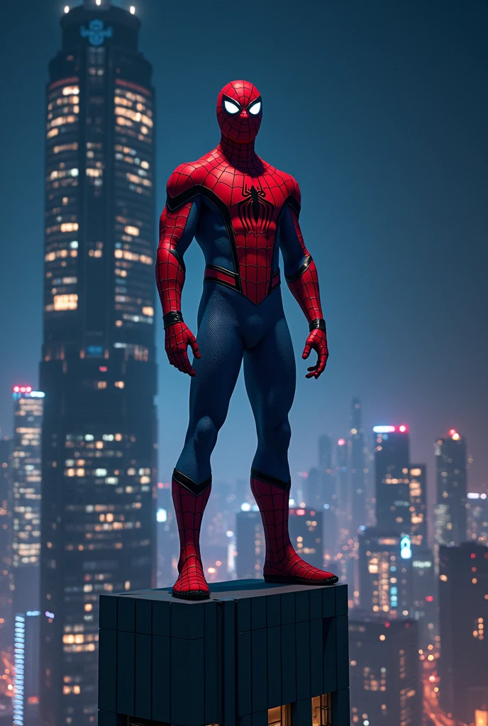 Generate a picture of Spiderman on top of building at night
