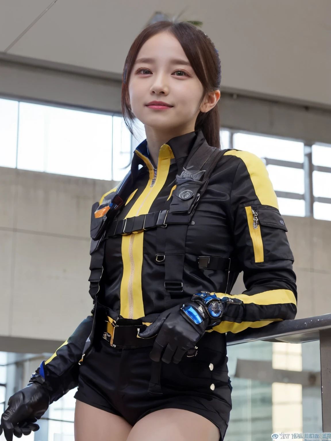 (Very realistic), (Highest quality), ((round, small and precise face)), Glowing Skin, Shiny skin,Wide Hips,Waist,Healthy body,Yokozaki beauty々,black gloves,watch,Iris,short Shorts,black Shorts, Short boots, gloves,Jacket,Shorts, Black Hair,Short Hair,Big Breasts,Adult women,Heavy bangs,smile,A strong sexual atmosphere,When viewed from the side, her chest looks so swollen it feels like it might burst.,The clothes are very tight on the body