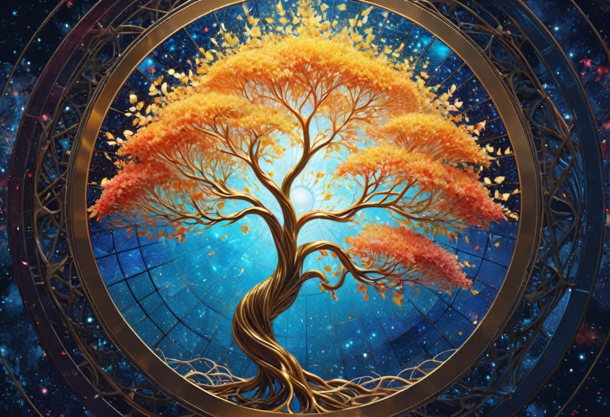 (Evolution of life)、fibonacci、the golden ratio、melted wax、Visible brushstrokes、3D Mosaic Wireframe、neural graph、neurons、the tree of life、color leaves、Farbe、Tenderness、passion、Ultra high definition、8k hd、Masterpiece artwork