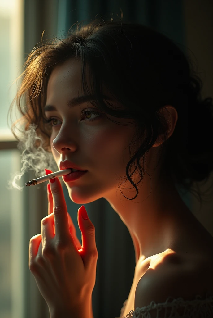 "A highly detailed close-up illustration of a stunning woman with perfect skin, holding multiple cigarettes delicately between her fingers. She is enveloped in a dense cloud of smoke, her eyes closed in bliss as she inhales, her expression one of deep, genuine love for the act of smoking. The background includes a vintage-style café with smoky air and warm, muted tones."