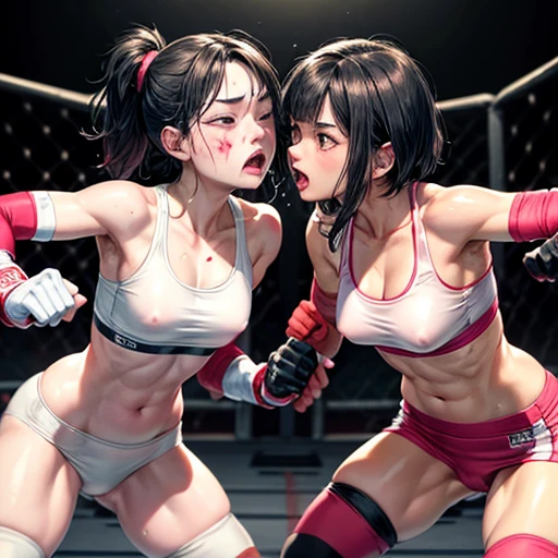 punch, punch, punch. two bloody beautiful Japanese female fighters are looking at each eyes. life or death struggle. survival battle. dynamic exciting action in the octagon fighting ring. whole body picture. they are beating each other so hard. their punches to each other's faces. they are covered in scars and bruises. they are damaged terribry. Short-cut black hair, out of breath, drooling from mouth, one eye closed, exhausted, drenched in sweat. Erect nipples. open finger glove.  Ragged white and pink sports bra, high leg panty, Stockings. armwarmers. Whittled waistline,