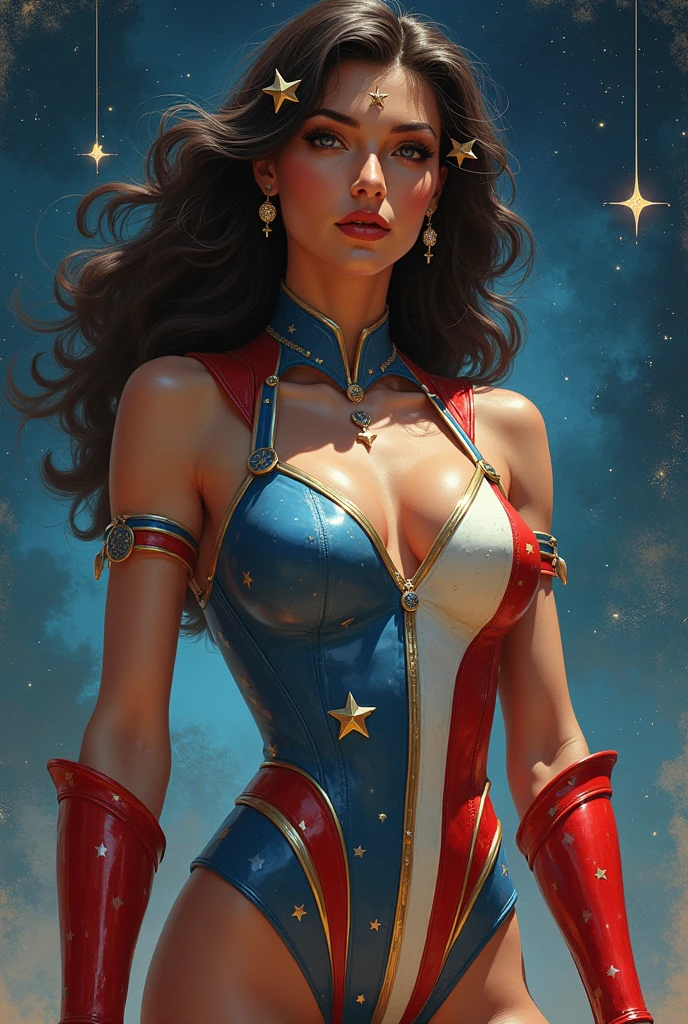 Cold War heroine with a star and space themed outfit with star accessories in her hair and a different outfit from all the others that already exist and with American colors, using the maximum number of spatial references