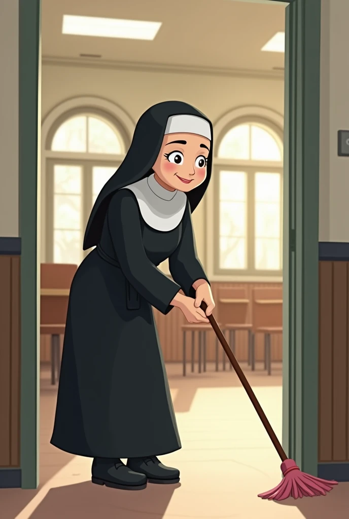 Create an animated style illustration of a nun cleaning a school.