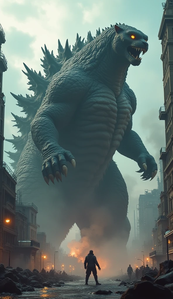 Giant cat and godzilla face to face fight