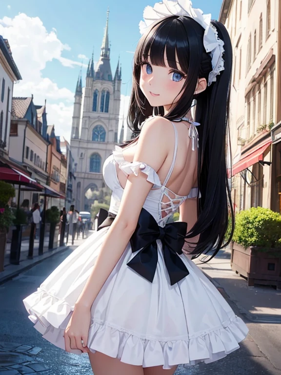 (beautiful elegant white panties), (looking back at the viewer),♥(sexy red mini dress gothic lolita costume),((1girl,cute,young,semi long beautiful black hair, blunt bangs ,pony tale, beautiful blue eyes)),(solo),((masterpiece, highest resolution, best quality)), (beautiful illustration),( red gothic lolita costume),(looking back at the viewer), innocent smile, cinematic lighting, , big city, flowers, buildings, blue sky