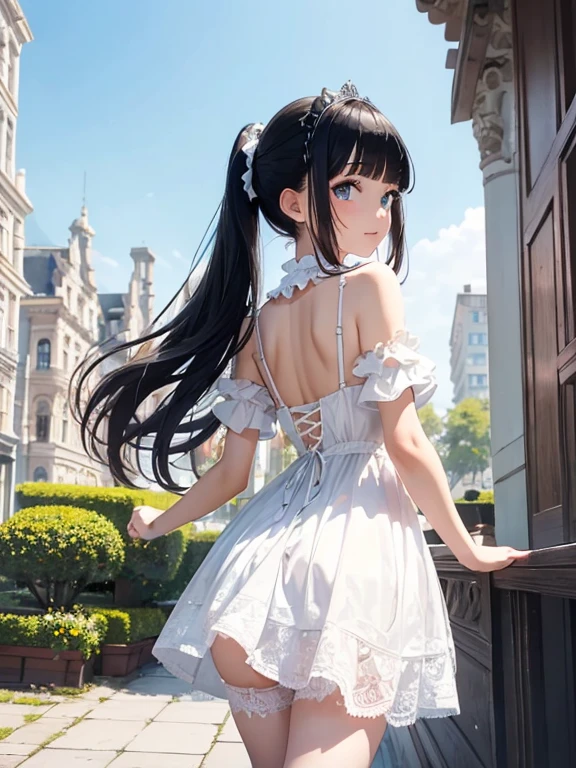 (beautiful elegant white panties), (looking back at the viewer),♥(sexy red mini dress gothic lolita costume),((1girl,cute,young,semi long beautiful black hair, blunt bangs ,pony tale, beautiful blue eyes)),(solo),((masterpiece, highest resolution, best quality)), (beautiful illustration),( red gothic lolita costume),(looking back at the viewer), innocent smile, cinematic lighting, , big city, flowers, buildings, blue sky