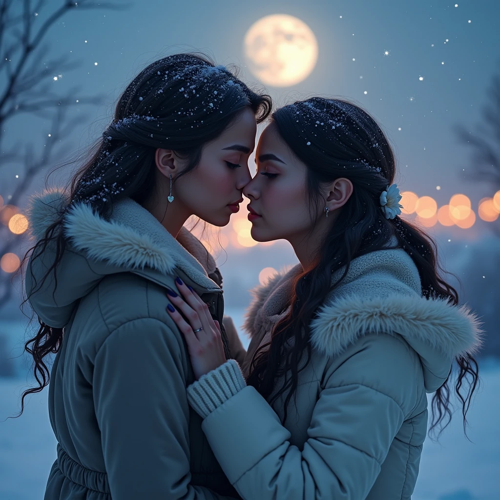 (masterpiece, highest quality, official art, beauty and aesthetic), (perfect anatomy), two gorgeous and stunning dark-skinned or pale-skinned young girls are deeply in love with each other, kiss, perfect make-up, romantic atmosphere, snow and moon, magnificent panorama view