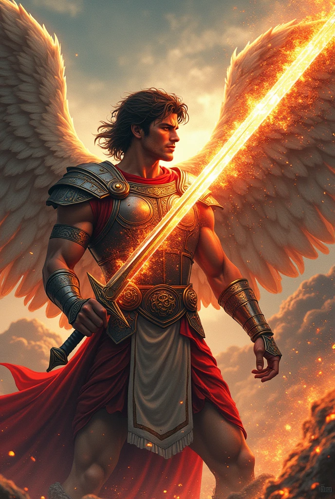 Saint Michael the Archangel with his Roman armor and the sword of fire defeating the demon with details in Japanese pop culture (sleeveless)