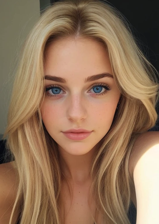 a selfie of a beautiful young woman with blonde highlighted hair and brown eyes , taken with iphone camera