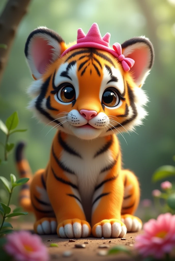 a tiger cub with pink accessories