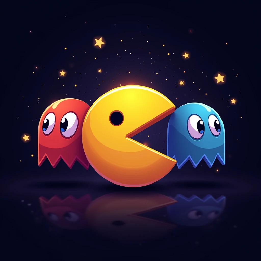 anime logo, create a pac-man logo chasing the ghosts, inspirated in the arcade videogame, 4k, Best Quality, masterpiece,