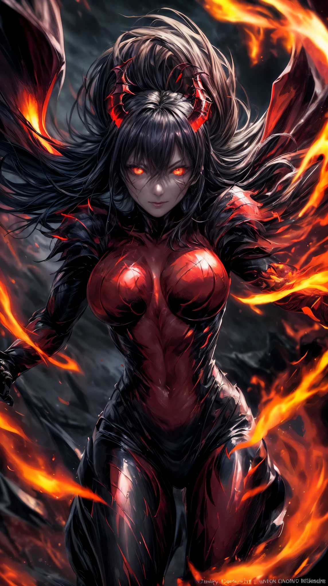 Storyboard, masterpiece, highest quality, dragonlady queen, perfect demoness, bright red glowing eyes, detailed eyes (1.4), scars on face, villainous expression, flaming skin body with bioluminescent glowing pattern, ready for battle, blurred stormy background, dark atmosphere, lighting in background,full body,