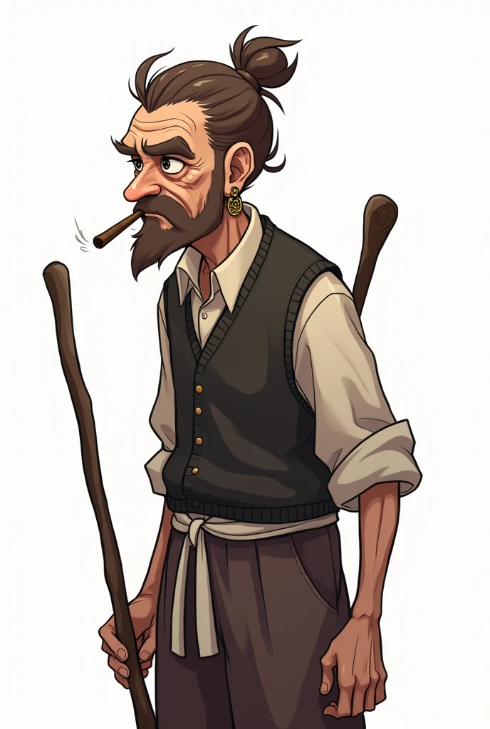 character, old man, Many wrinkles, brown hair tied up, Skinny body, imposing, dangling earring on her ear, totally black eyes, short beard, bushy eyebrows, cigar in his mouth, scar on his shoulder, wide wool trousers, white ribbons on her waist, wool vest, staff on his back, anime, 4k, White background