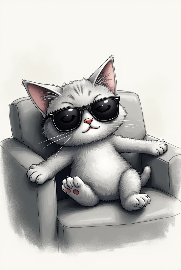 Sketch of a gray cat on the couch wearing sunglasses and laughing