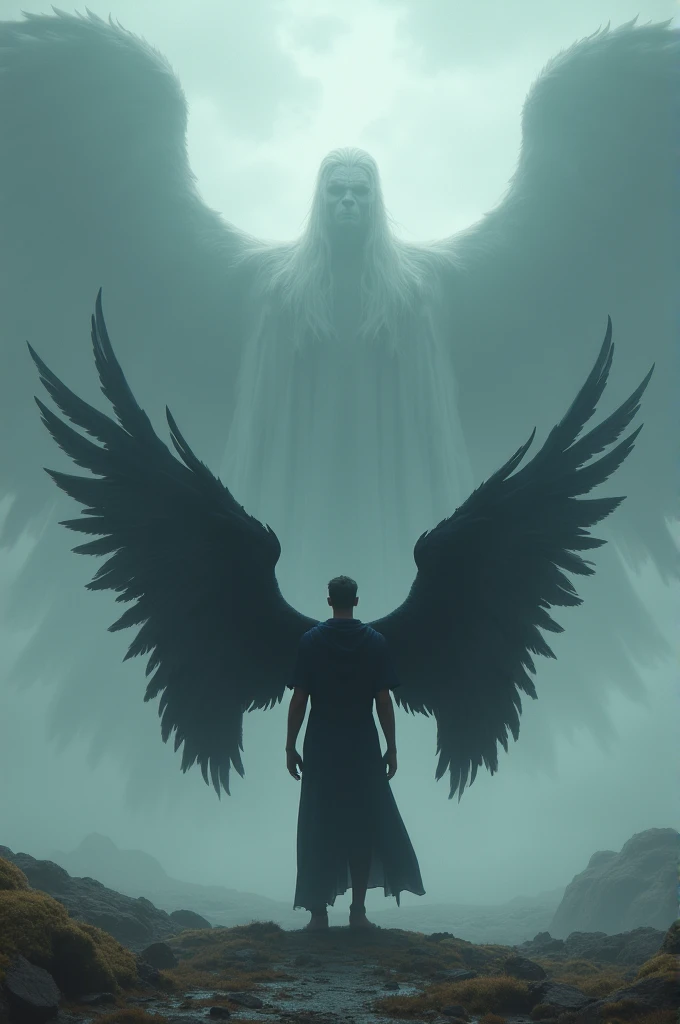 A man with jet-black wings stands facing three giant, invisible gods lined up in a row.