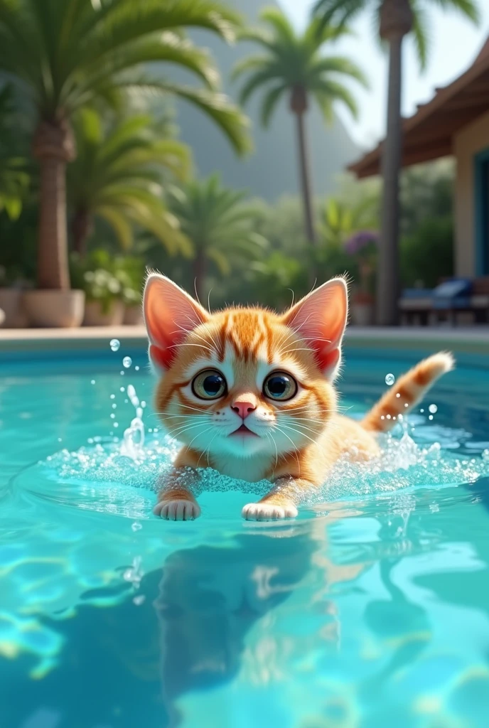A cat is swimming on a pool