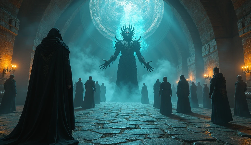 there are many people standing in a large crowd watching a movie, cosmic horror concept art, in screenshot from the 300 movie, inspired by István Orosz, fallen columns, gigantic cthulhu, the white house, with dark trees in foreground, illuminated orbs, dark imagery, neo-classical composition, inauguration, photobash, vecna, promotional images --auto --s2