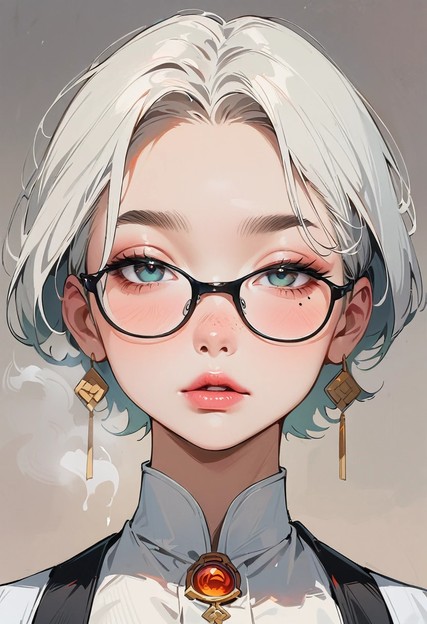 (masterpiece, best quality:1.4), 1 girl, 独奏, Anime style, Dark gray pupils, Blurred eyes, Black-rimmed glasses, Large scars on the face, Large scars, Right tear mole, Gray bald head,, Super short hair, Simple accessories, Styles of Top Portrait Artists, large breasts, White vest, steam, Vision, Gray background.