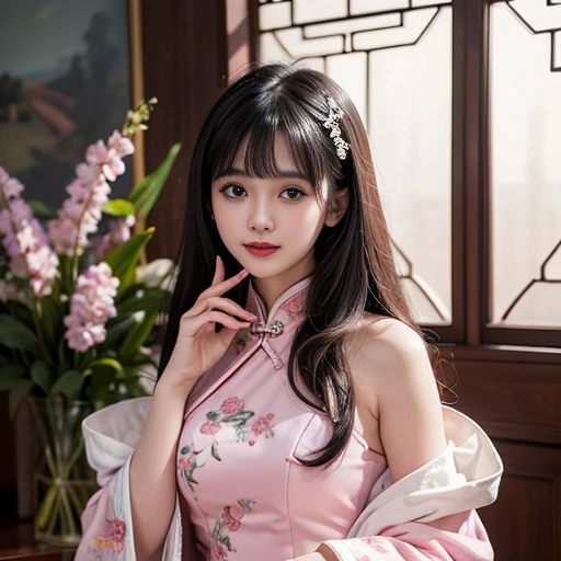 best quality, Delicate face，beautiful visual work, lifelike,  eternity, black hair, Long curly hair, blunt bangs, Smile, Detailed Background,  Delicate face，pink blush，cold，((masterpiece))、(top quality)、8k、high detail、Super detailed，21 years old female，Wearing Chinese cheongsam、Seductive and whimsical style、masterpiece、born、Scenes resembling fairy tale illustrations、Intricate details and complex designs、Beautifully、magic、capricious、 Beautifully、Dream aesthetics、「𝓡𝓸𝓶𝓪𝓷𝓽𝓲𝓬、ethereal、charming、fickle、magic」、Realism、Visual effects、FXAA、SSAO、Shaders、voiceless、ambient lighting、Tone mapping、High resolution、Ultra high quality、Million pixels、(8K resolution:1.10)、8k、Below 8K、8K resolution、high detail、intricate details， (high quality:1.2、masterpiece:1.2、:1.21)、(21 years old female:1.21)、(Smile excitedly)、(Surrounded by the dreamy atmosphere、Model diagram，full-body shot，Normal 2 feet，Don't show your fingers