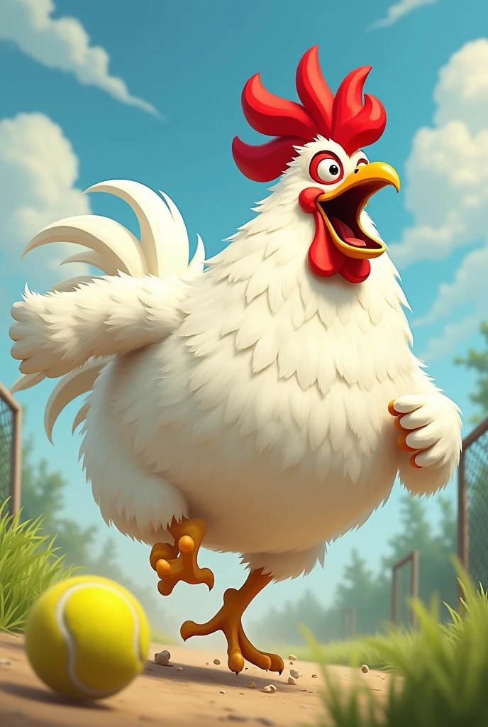 A fat white rooster running hard with animated tennis