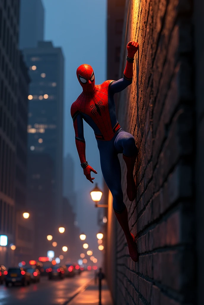 Generate a picture of Spider climbing on wall at night and some street light