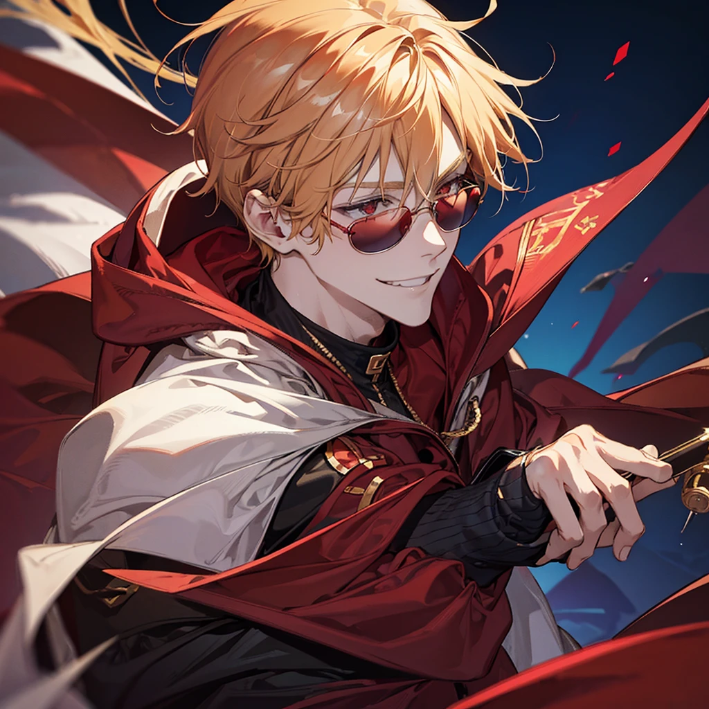 Male, handsome, cool, red sunglasses, hoodie, blonde, facing forward, smiling, refreshing, red eyes