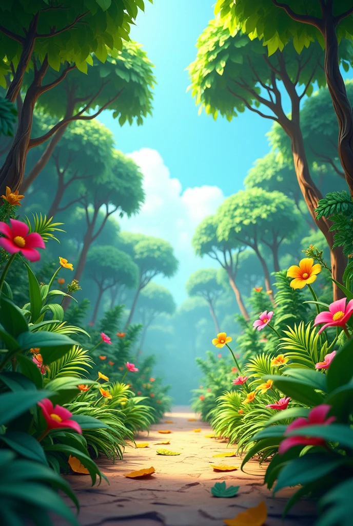 In cinematic 3D cartoon style. Jungle Setting:Description: A vibrant, lush jungle with dense foliage, tall trees, and a clear, bright sky. Include elements like colorful flowers and scattered fallen leaves to set the scene.