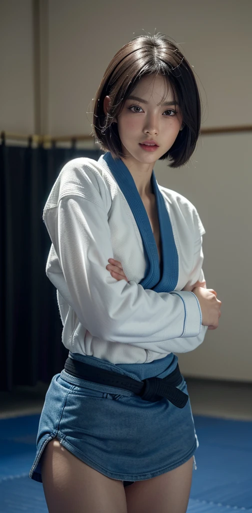 ((Masterpiece:1.2, Highest quality, Ultra-high resolution, UHD)), (Realistic, photo Realistic:1.6), High-resolution RAW color photos, Professional photos, Sharp focus:1.2, Very detailed, (Very detailed face and skin texture, Very beautiful eyes, Glowing Skin, Shining Face, real Glossy skin texture, Oily skin, greasy face), ((Perfect Anatomy, accurate anatomy, best anatomy hands, accurate eye, best anatomy eye)),
(do not go beyond the edges of the image:1.65), (rating:safe),
((Dynamic Angle, full body shot)),
1 Girl, (Thai 22 yo:1.5), ((cute face:1.7), (perfect girl face:1.2)), (beautiful detailed eyes, perceptive eyes, Looking straight at the Viewer), (Beautifully detailed lips, Mouth Closed, Brightly smile), (detailed skin:0.9), (Perfect Texture Hair:1.2), Thin, Pure and Simple, (Natural makeup:1.2),
(Perfect Slender Body of a Young Girl), (Small Breasts:0.8)), ((Wild Hip:0.7)),
a ju-jitsu player, (she has a short dark brown hair, Short Bob haircut), ((She is wearing black belt and cobalt blue judogi, karate uniform, Matial Art outfit, jiu-jitsu kimono)), fighting stance, ((in dojo, in Martial art hall)),