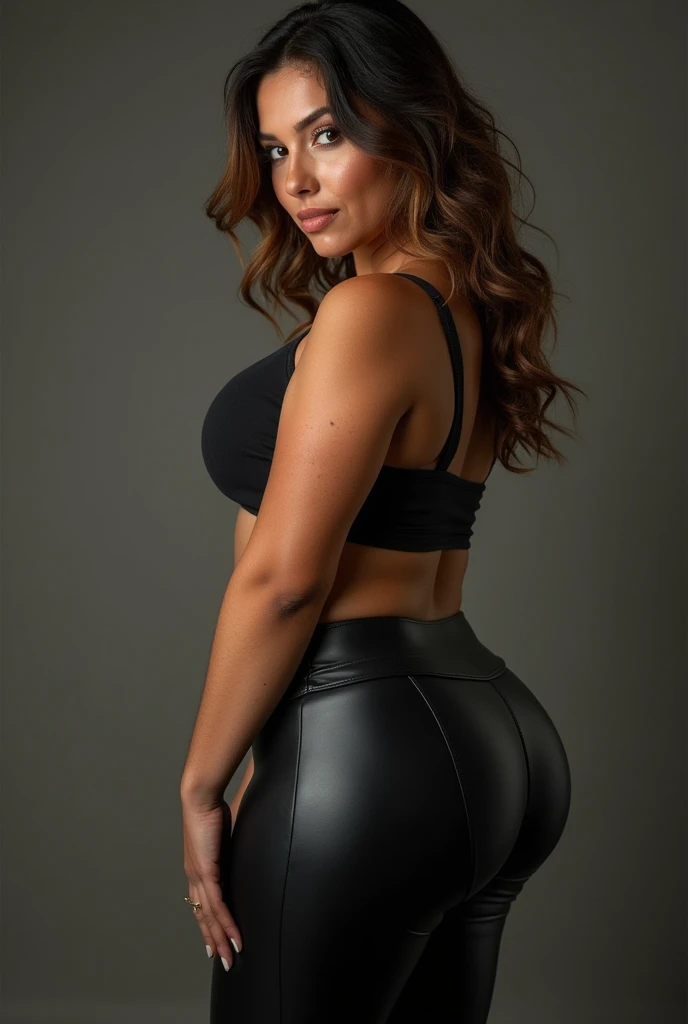 A chubby brazilian girl wearing leather leggings showing off her ass