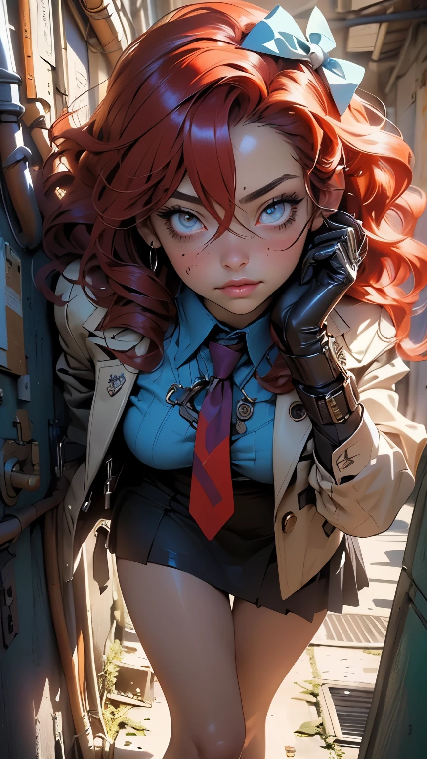 1 girl,15 year old

(small breasts:1.4),((((Red hair:1.3,crossed bang,hair between eyes,hairbow,Long hair,nice hair:1.5)))),(((grau_eyes:1.3))),((slit pupils)),complicated eyes,beautiful detailed eyes,symmetrical eyes,big eyes:1.5,((((shiny skin:1.5,tanned skin,light skin: 1.5,Skin tanned,shiny skin,very shiny skin,shiny body,Reflective Skin)))),(Cough,Spider abdomen,Slender waist,wide hips,athletic body,pumped up legs,thick thighs,(detailed face)),beautiful detailed lips,(((Scar on the cheek))),(Perfect slim body),

adorable,slutty,sensual,seductive look,seductive,((erotic)),opulent,lush,((Not suitable for work)),

(blue headwear,hat,Peaked cap),(blue jacket,jacket,long sleeve,open jacket,blue coat,coat),(blue chemise,collared chemise,chemise),(blue Rock,mini Rock,Rock),((nimbus,purple nimbus)),(loose necktie,necktie,red necktie),((open clothes)),((Red armband)),(black gloves),((Safety pin)),((bare legs)), 

(flirtatious pose:1.3), Viewers look at,ashamed,centered,Adjust to dimensions,Rule of thirds,

Interior((Nazi bunker,room, dark bunker, swastika,Depths of a steampunk bunker)),landscape:1.25,((complicated landscape)),

(Shiny steampunk ornaments),highres,keen focus,(extremely detail,extremely detail),(photorealestices Kunstwerk:1.37),(extremely detail CG unity 8k wallpaper),(((bright colours,lively topic))),(complicated),(​masterpiece),(best quality),artistic photography,(Photography taken by SLDR),(complicated background),perfectly rendered face,perfect facial details,realistic face,photorealestic,((complicated detail)),(((真实感))),
