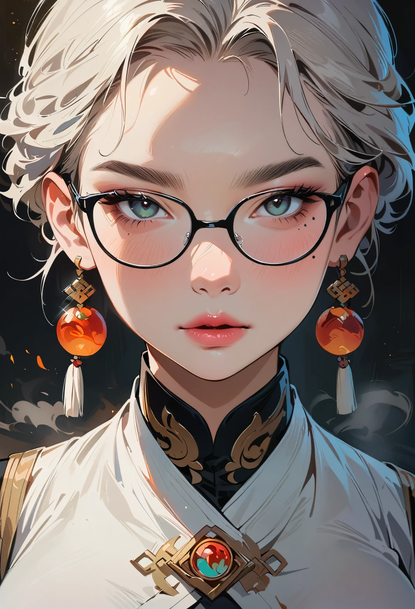 (masterpiece, best quality:1.4), 1 girl, 独奏, Anime style, Dark gray pupils, Blurred eyes, Black-rimmed glasses, Large scars on the face, Large scars, Right tear mole, Gray bald head,, Styles of Top Portrait Artists, large breasts, White vest, steam, Vision, black background.