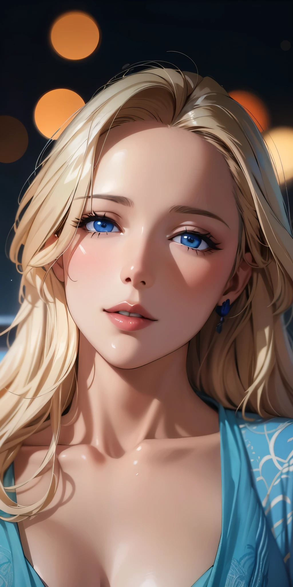 Elegant mature woman, milf, blue eyes, blonde hair, bangs, soft light, 4k resolution, high quality, beautiful cg