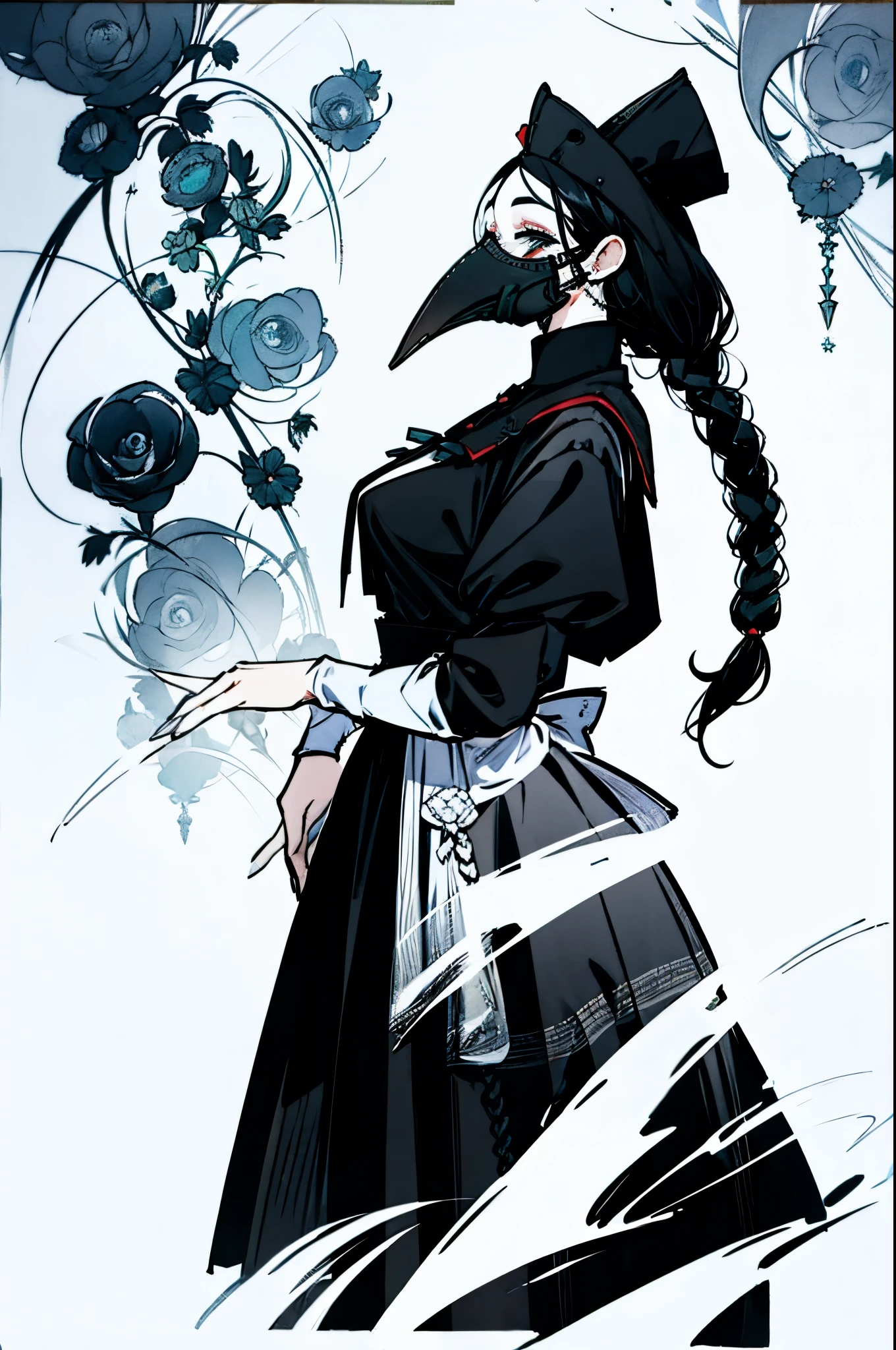 plague_Mask, maid outfit, braided hair, black hair, black skirt  