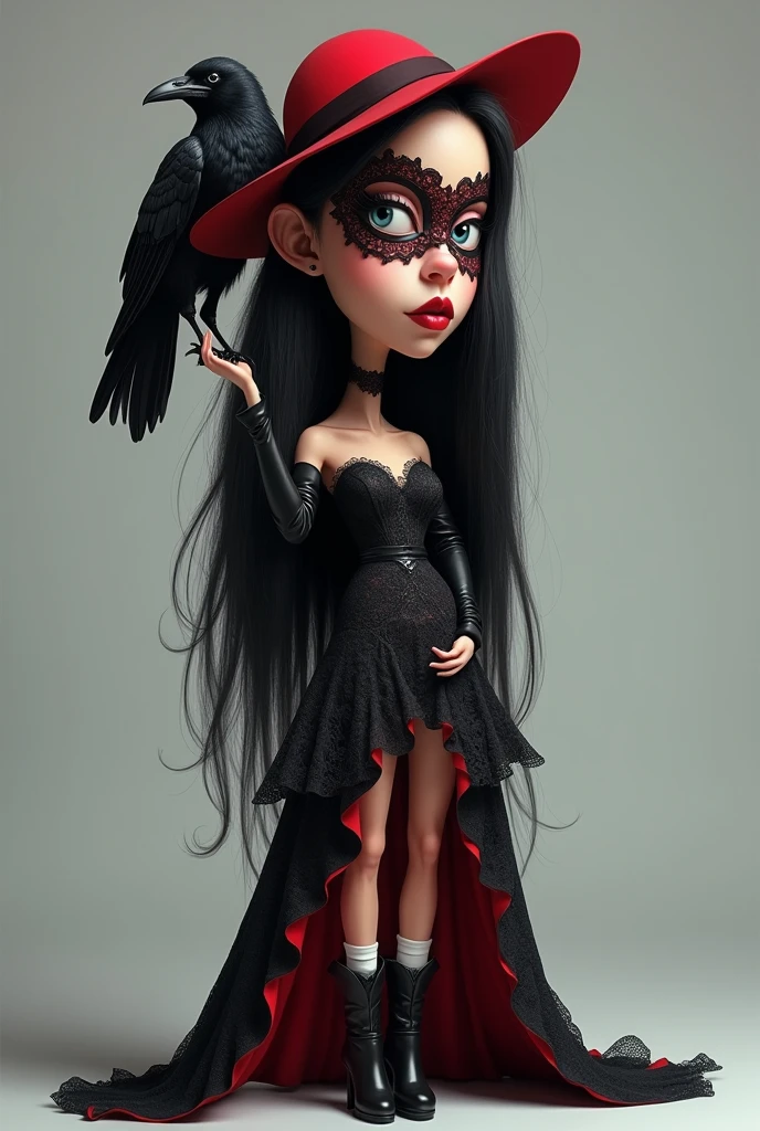 **4d caricature with a big head, a beautiful realistic woman, long black hair, wearing a red hat, wearing black boots, white socks on her feet, with a black raven on it, a black ribbon & a big black feather, she is wearing a half mask black & red lace with intricate patterns, she has bright red matte lips, black & red lace long dress with high lace collar, full body, calm gray background**