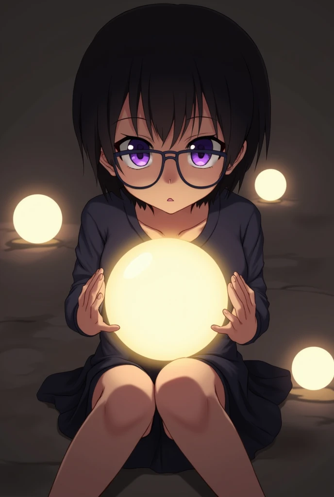 ((1 girl)), anime, short dark hair, dark skin, shiny glasses lenses, the mouth is closed and does not express anything, sitting, her hands are holding a glowing ball, while two other luminous spheres revolve around it.