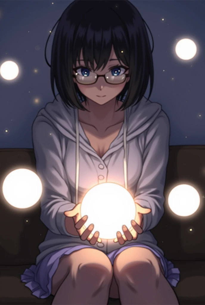 ((1 girl)), anime, short dark hair, dark skin, shiny glasses lenses, the mouth is closed and does not express anything, sitting, her hands are holding a glowing ball, while two other luminous spheres revolve around it.