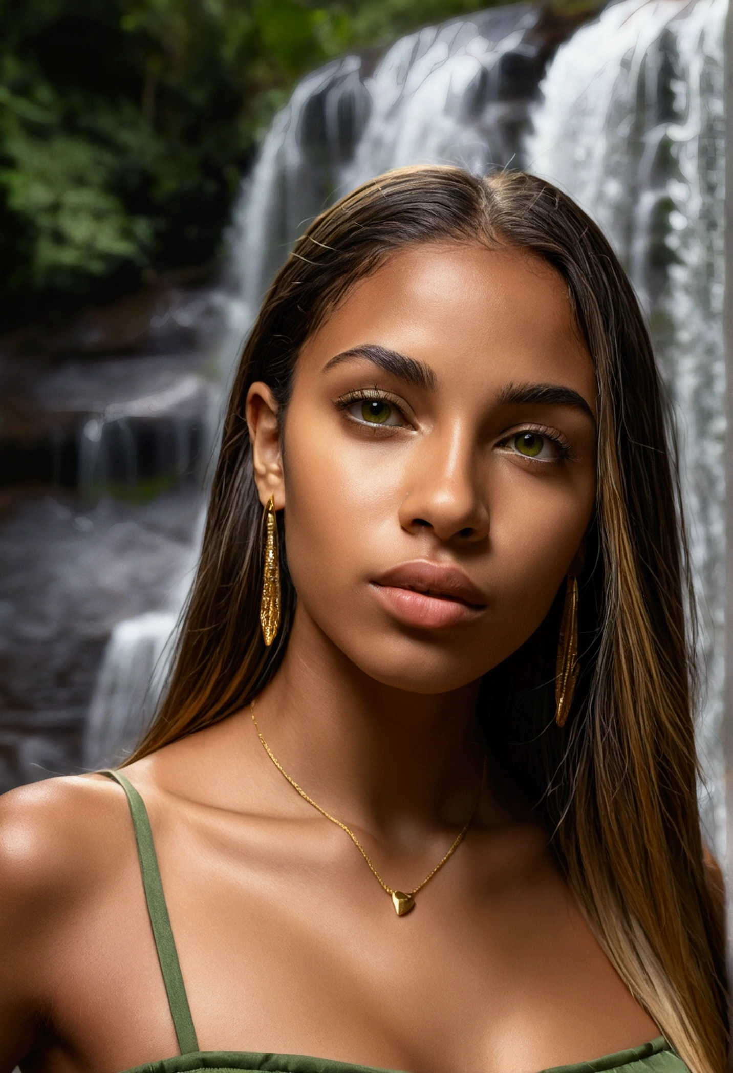 Young brown skin Brazilian female perfection, 25 ans, full glossy lips, straight brown hair with blonde highlights, natural green eyes, hyper realistic, raw photography, canon eos r5, girlfriend, background is a waterfall, gold lighting