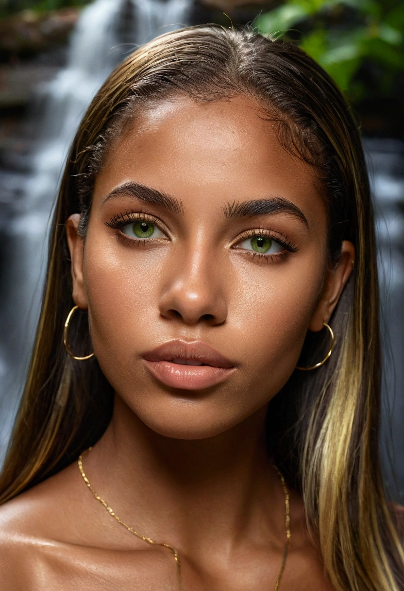 Young brown skin Brazilian female perfection, 25 ans, full glossy lips, straight brown hair with blonde highlights, natural green eyes, hyper realistic, raw photography, canon eos r5, girlfriend, background is a waterfall, gold lighting