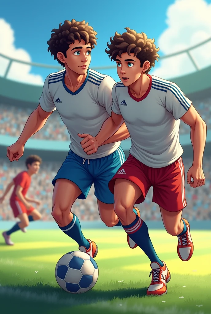 Male twins, with curly hair and blue eyes, one playing American football and the other playing volleyball