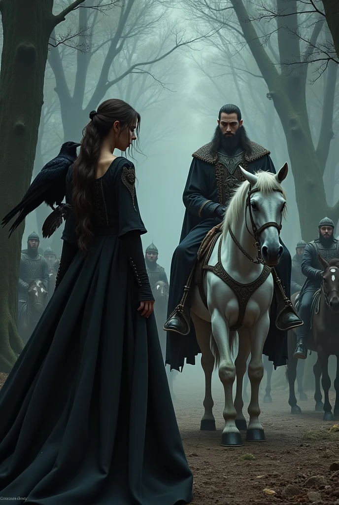 A beautiful witch with long dark brown hair shaved on the side, wears a black dress and has a crow on her shoulder.
Meets a king with a beard and black hair riding a white horse. Also in the scene is a fat squire riding a donkey and two royal guards.. The scene takes place in a dark forest