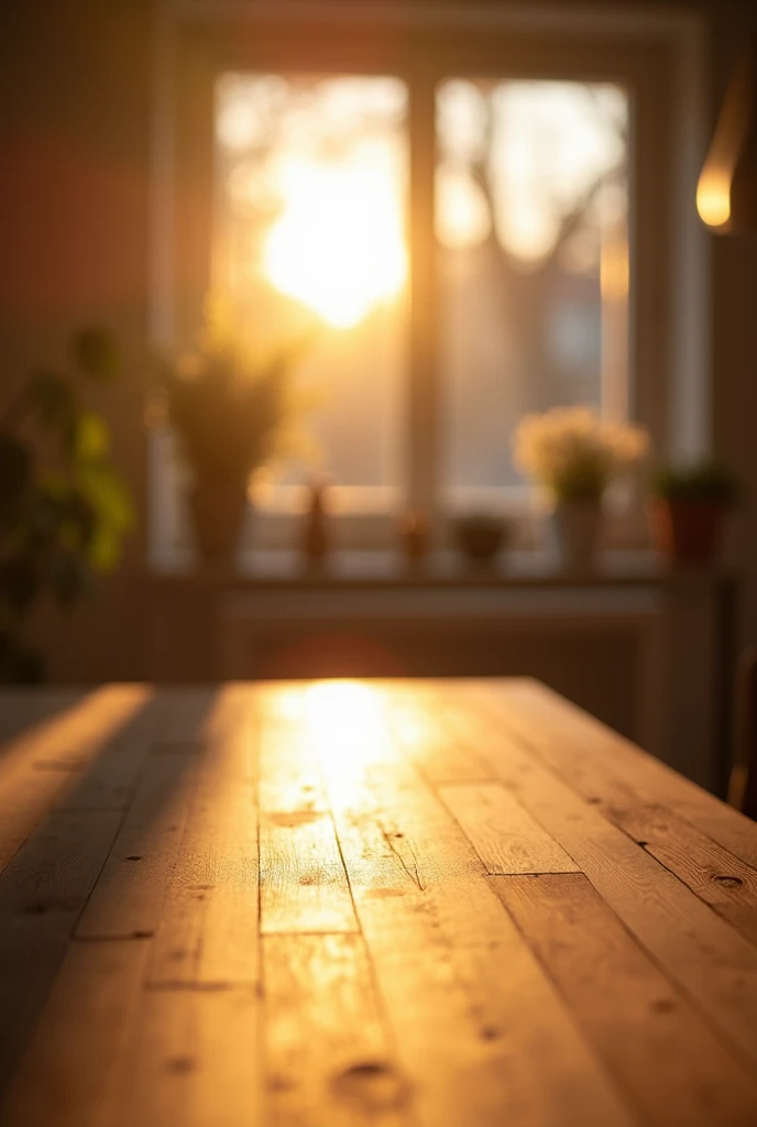 Close up of kitchen table in out of focus background with sun coming in