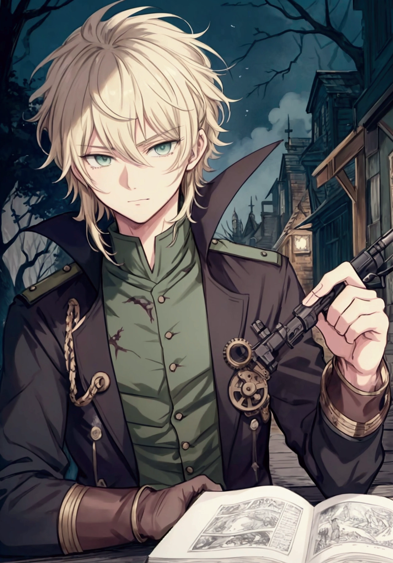 (Masterpiece), ((Highest Quality)),(Official Art),dark epic:1.2),(1 solo anime boy: 1.3). A badass gunslinger man with spiky wild hair (blonde), green eyes, and scarred face. He is clad in a military uniform, aiming a musket in the shadows of a steampunk city. Detailed picture. Detailed eyes. Masculine jaws. Soft fairytale picture book Arthur Rackham. Colorful, best detailed ((super detailed)), (highly detailed 2D anime boy illustration), ((dark and beautiful))