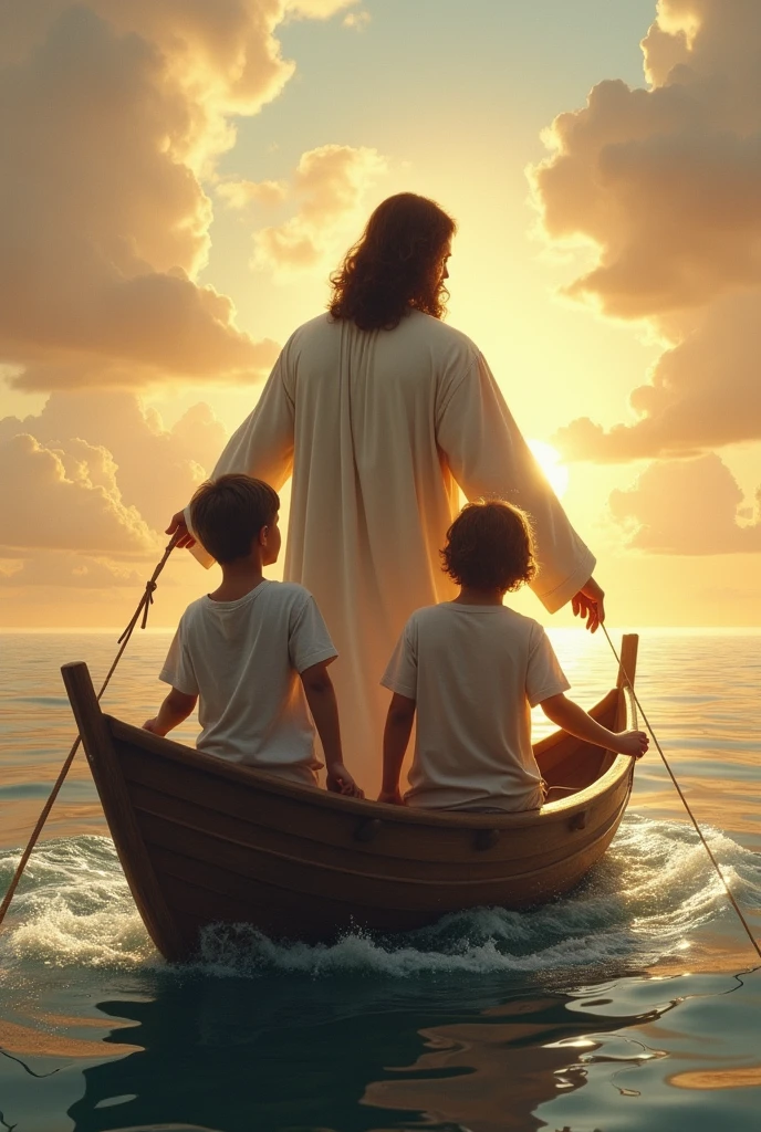 Jesus Christ dressed in red and white from behind in a boat sailing with boys and girls dressed