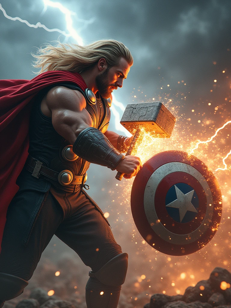 Thor strikes with Mjolnir on Captain America's shield